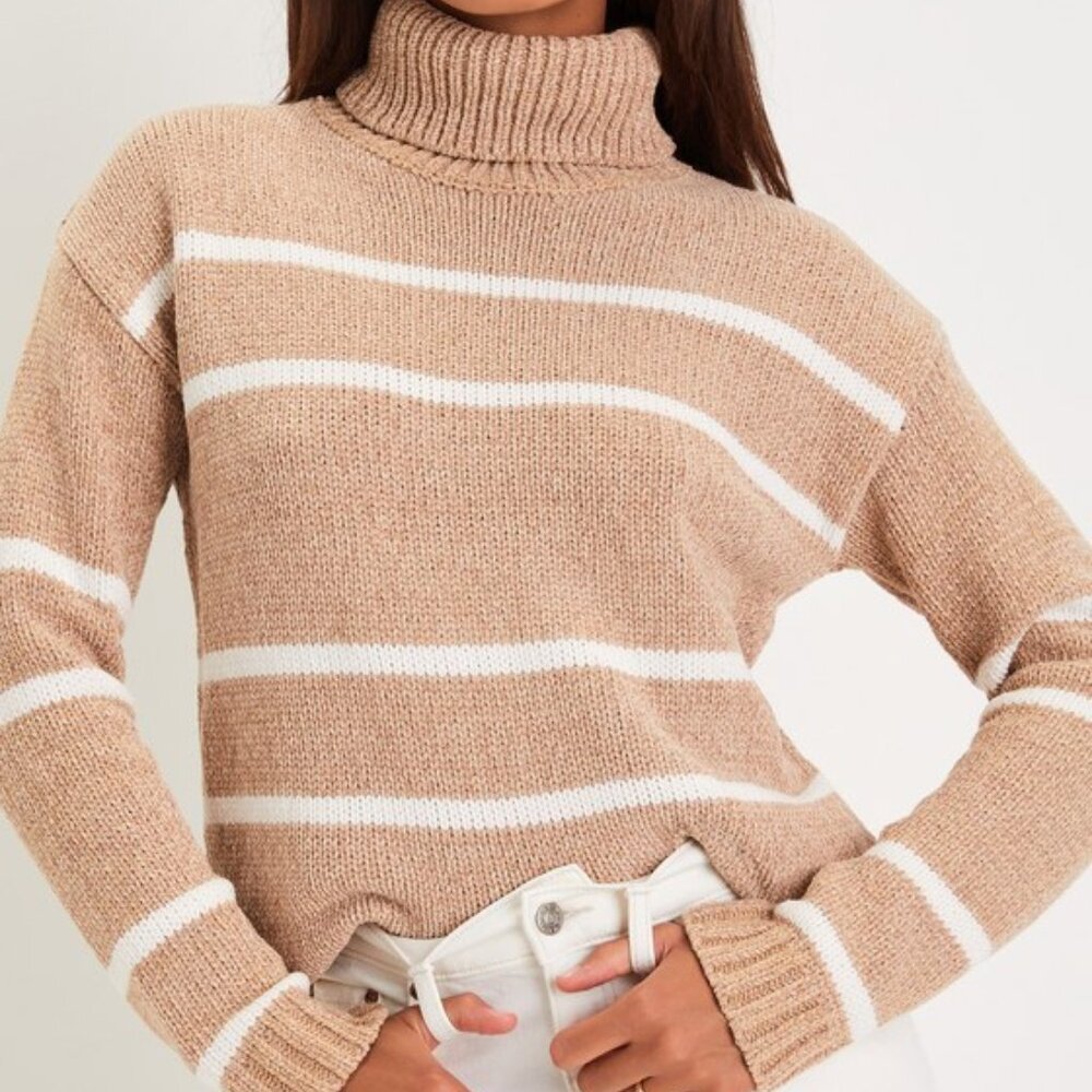Lulus Fashionable Aura Beige Striped Chenille Knit Turtleneck Sweater - Size S